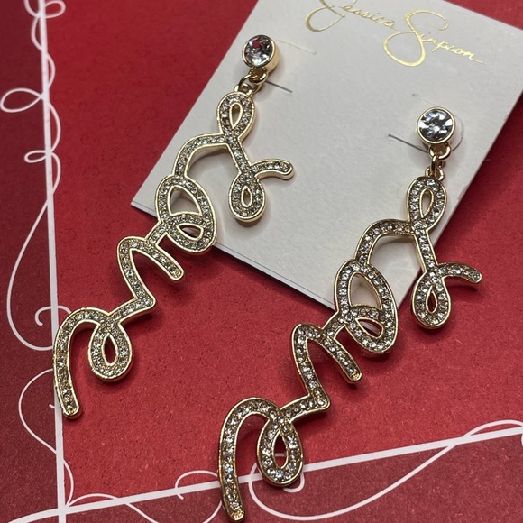 NWT Jessica Simpson LOVE Earrings, Goldtone Crystal Sparkly Valentine’s Day - Picture 5 of 5